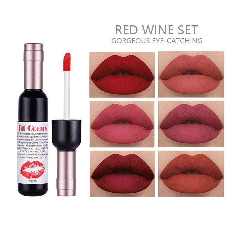 6 Pcs Set - Fit Colors Red Wine Bottle Non Stick Cup Matte Lip Gloss - Fog Face Velvet Lip Gloss Liquid Lipstick - Yo'rTotal Beauty