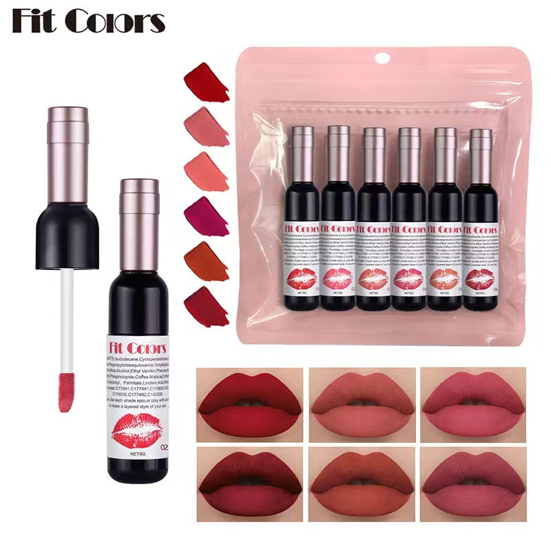 6 Pcs Set - Fit Colors Red Wine Bottle Non Stick Cup Matte Lip Gloss - Fog Face Velvet Lip Gloss Liquid Lipstick - Yo'rTotal Beauty
