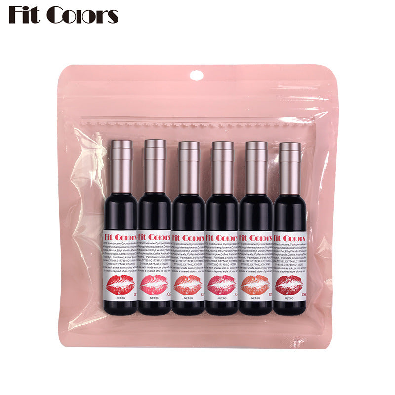 6 Pcs Set - Fit Colors Red Wine Bottle Non Stick Cup Matte Lip Gloss - Fog Face Velvet Lip Gloss Liquid Lipstick - Yo'rTotal Beauty