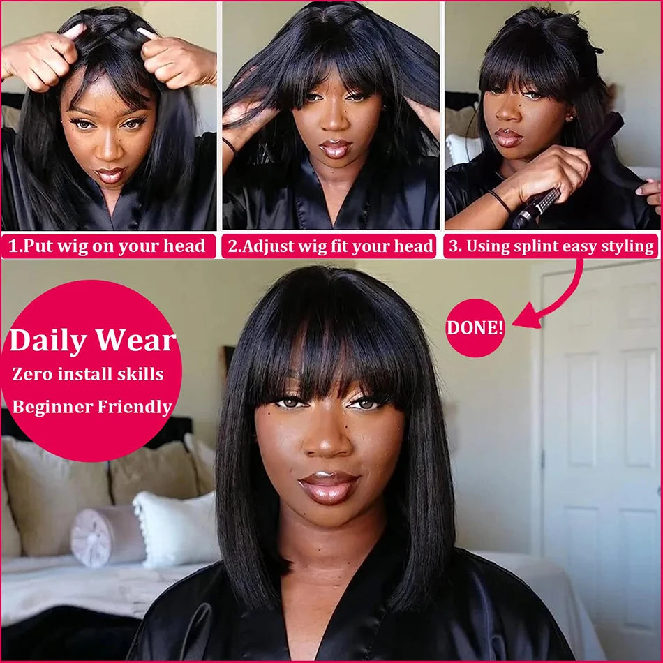 Middle Part 3X1 Hd Lace Wig Bone Straight Human Hair Wigs (With Bangs) - Short Bob Wigs, Short Bob Human Hair Wigs - Yo'rTotal Beauty