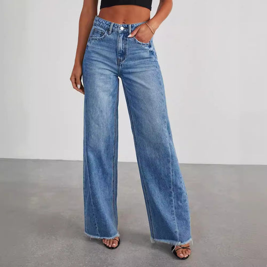 Loose, wide leg, brushed hem Denim Jeans for women - Yo'rTotal Beauty
