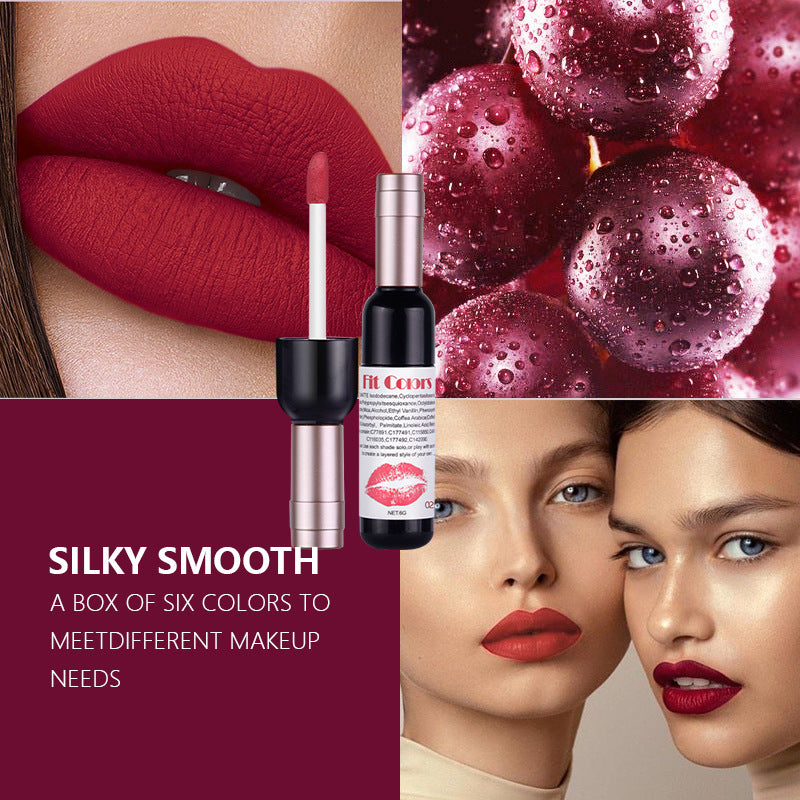 6 Pcs Set - Fit Colors Red Wine Bottle Non Stick Cup Matte Lip Gloss - Fog Face Velvet Lip Gloss Liquid Lipstick - Yo'rTotal Beauty