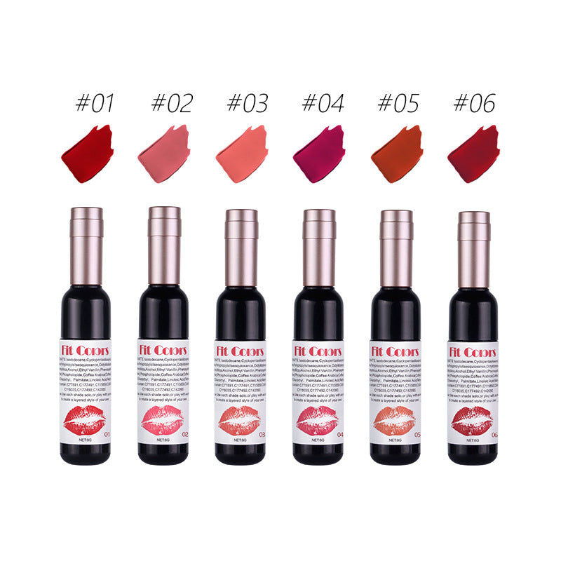6 Pcs Set - Fit Colors Red Wine Bottle Non Stick Cup Matte Lip Gloss - Fog Face Velvet Lip Gloss Liquid Lipstick - Yo'rTotal Beauty