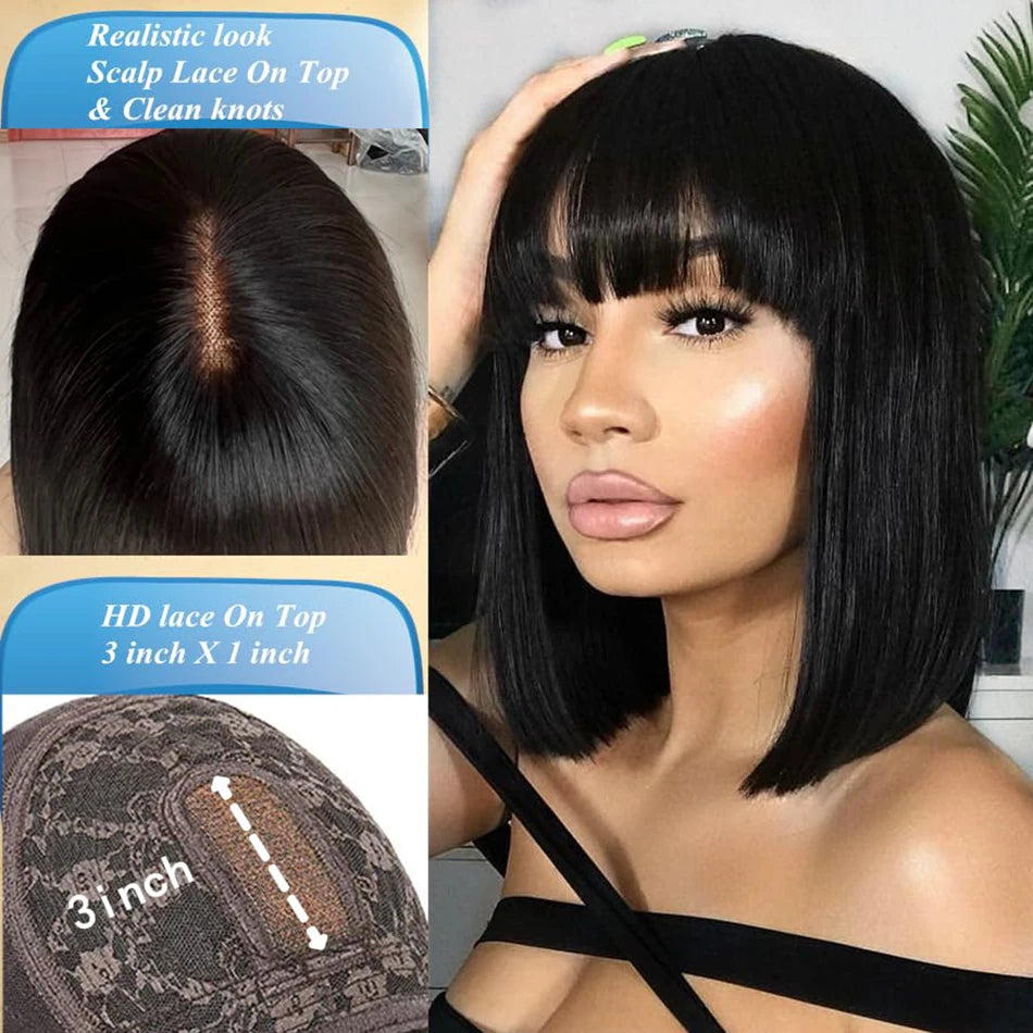 Middle Part 3X1 Hd Lace Wig Bone Straight Human Hair Wigs (With Bangs) - Short Bob Wigs, Short Bob Human Hair Wigs - Yo'rTotal Beauty