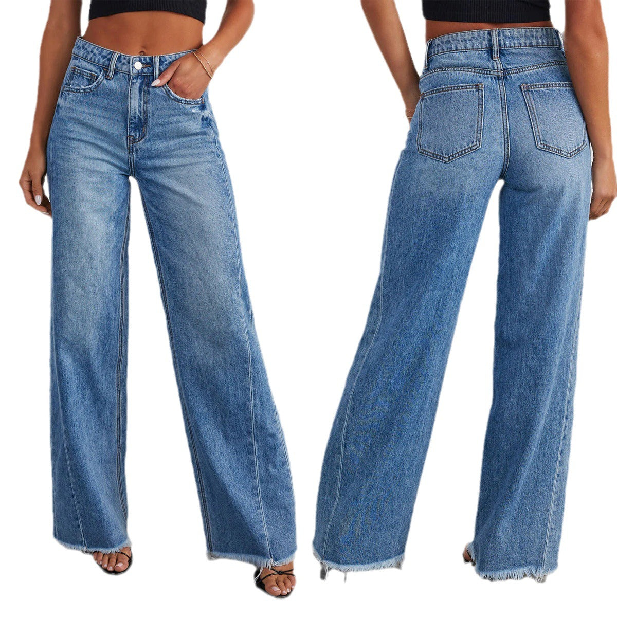 Loose, wide leg, brushed hem Denim Jeans for women - Yo'rTotal Beauty