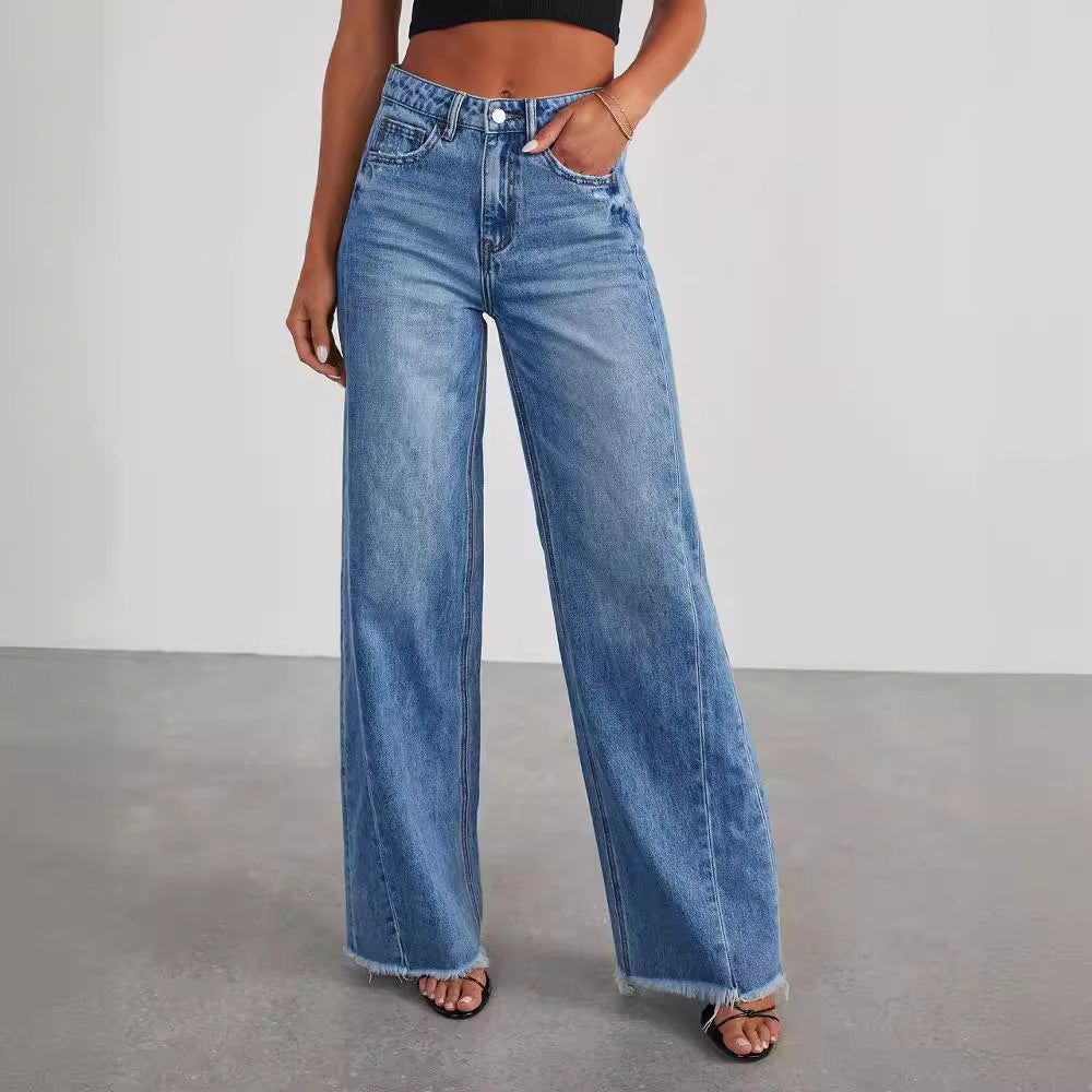 Loose, wide leg, brushed hem Denim Jeans for women - Yo'rTotal Beauty