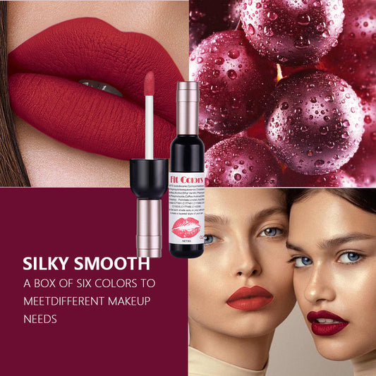 6 Pcs Set - Fit Colors Red Wine Bottle Non Stick Cup Matte Lip Gloss - Fog Face Velvet Lip Gloss Liquid Lipstick - Yo'rTotal Beauty
