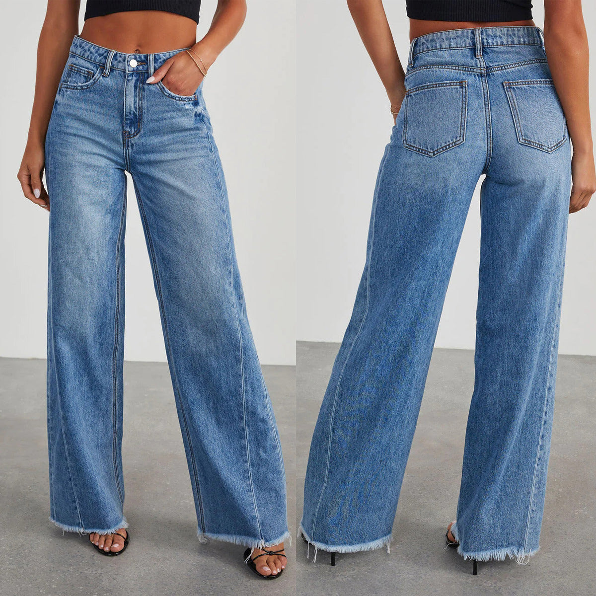 Loose, wide leg, brushed hem Denim Jeans for women - Yo'rTotal Beauty