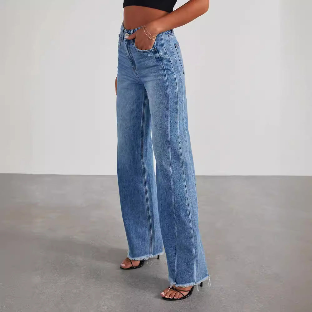Loose, wide leg, brushed hem Denim Jeans for women - Yo'rTotal Beauty