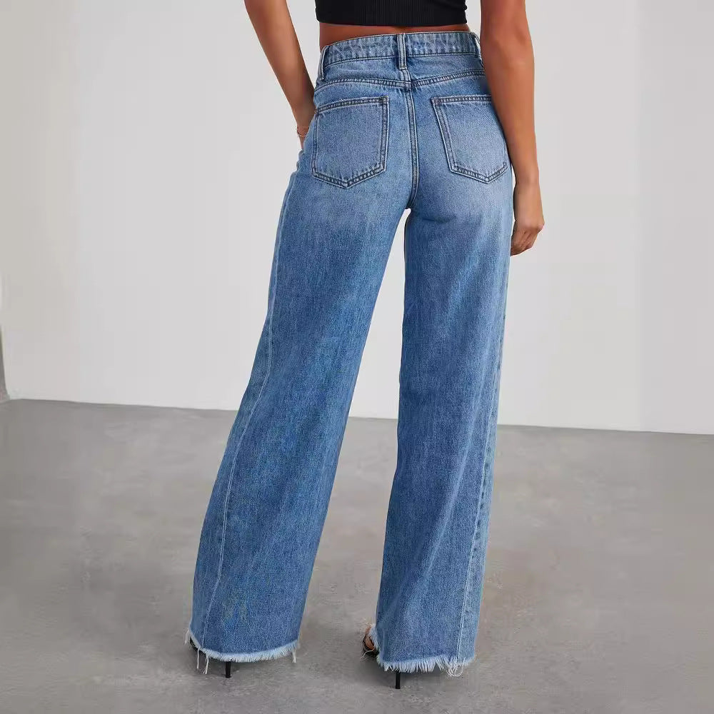 Loose, wide leg, brushed hem Denim Jeans for women - Yo'rTotal Beauty